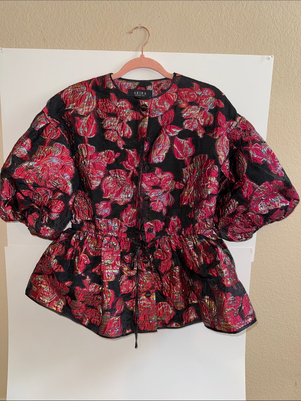 AKIRA Black Jacket with Red Metallic Floral Jacquard size small